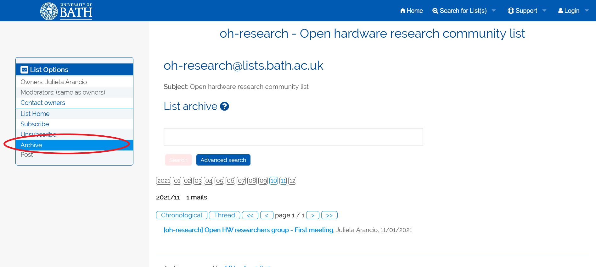 View of the Archives option in the homepage