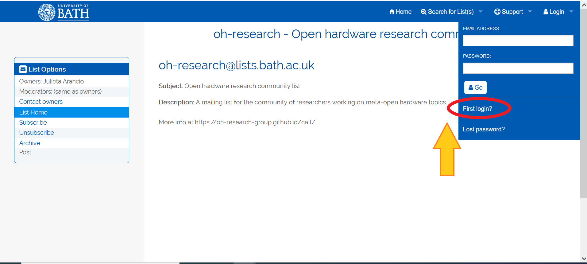 View of the list homepage, highlighting first login option
